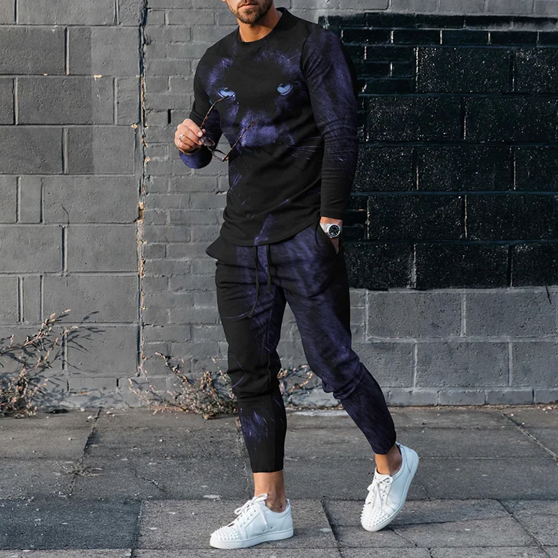 Men's Panther Casual Long Sleeve T-Shirt And Pants Co-Ord