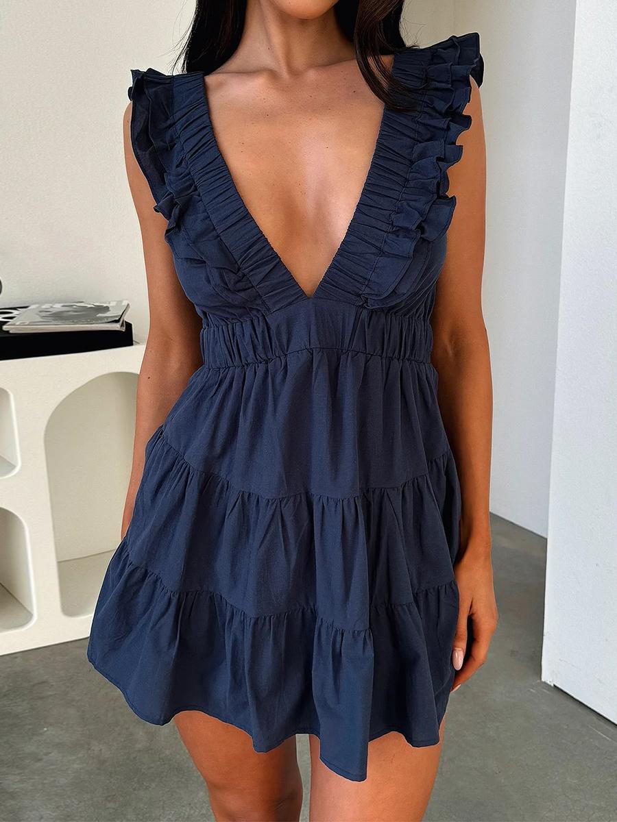 Casual Dress for Summer, Breathable Women's Fitted Plain Deep V Neck Ruffled Dress, Women's Clothes for Daily Wear, Womenswear