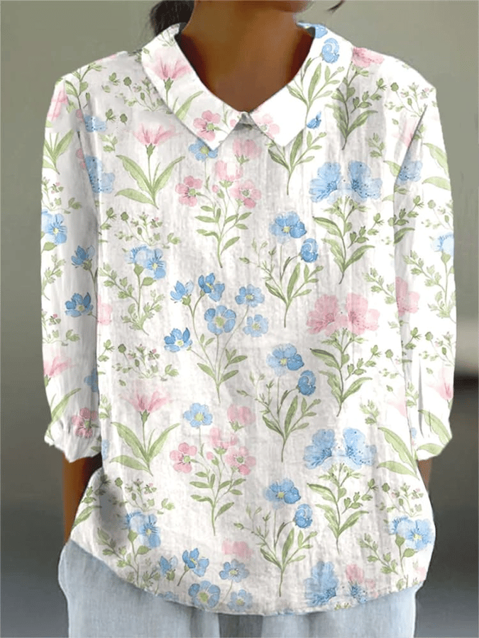 Women's Vintage Oil Painting Floral Print Design Lapel Shirt 