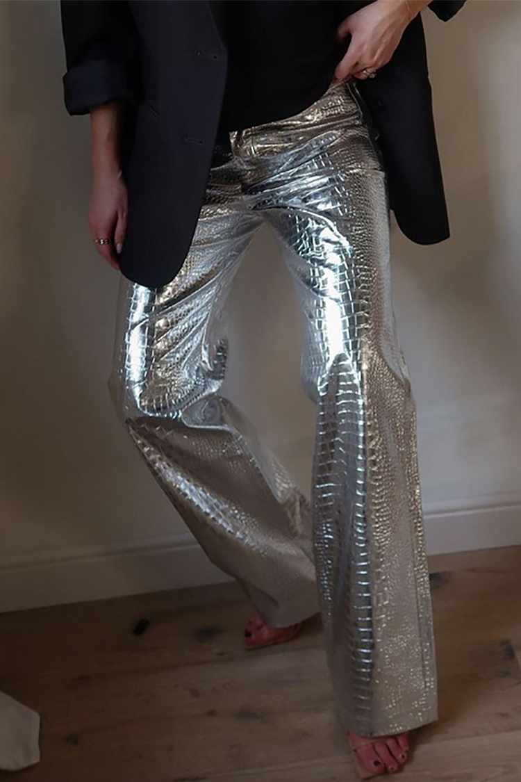 Sheen Metallic Finish Scale Pattern PU Leather Straight Leg Pants-Silver