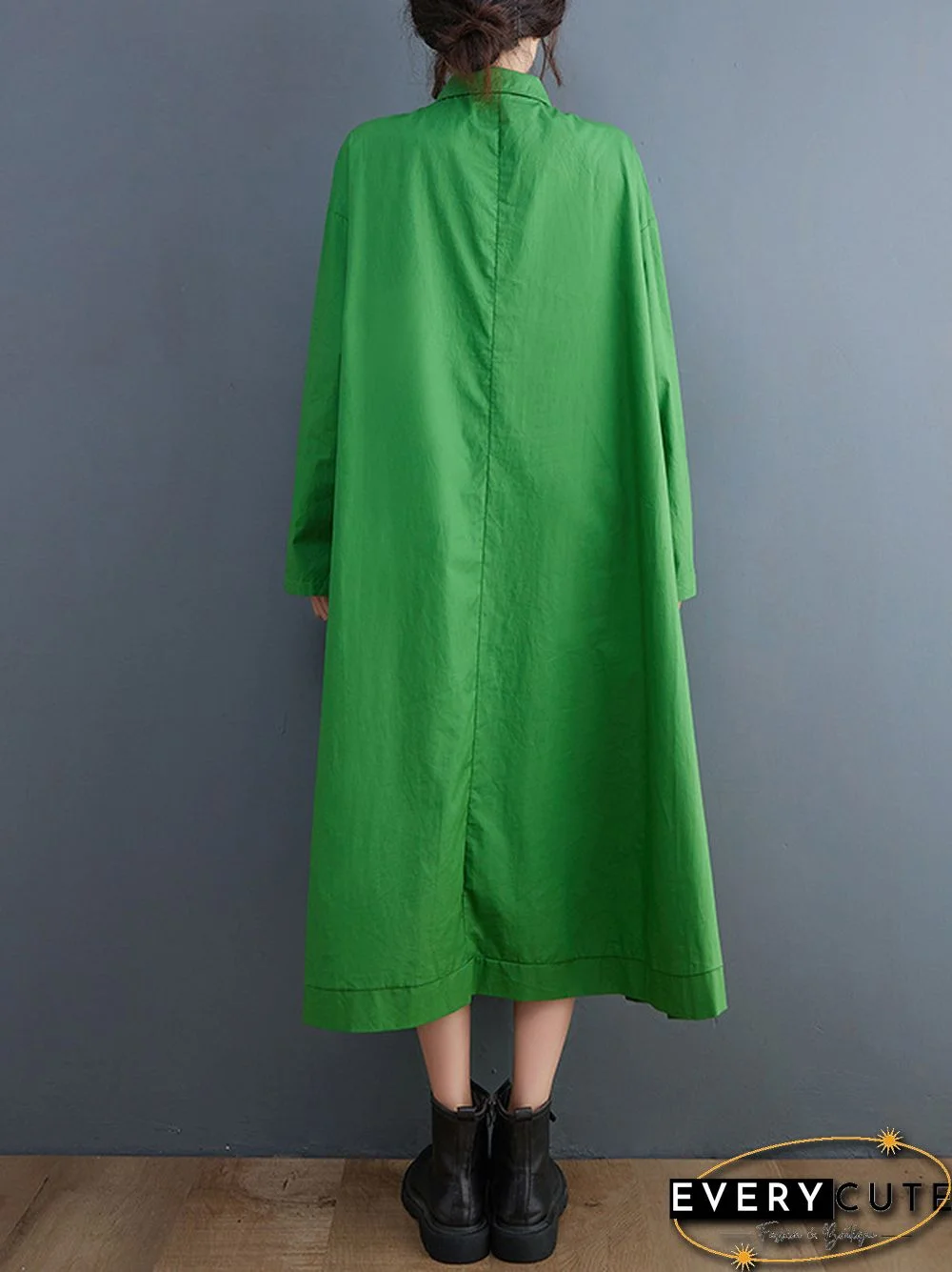 A-Line Long Sleeves Asymmetric Hollow Polka-Dot Solid Color Lapel Midi Dresses