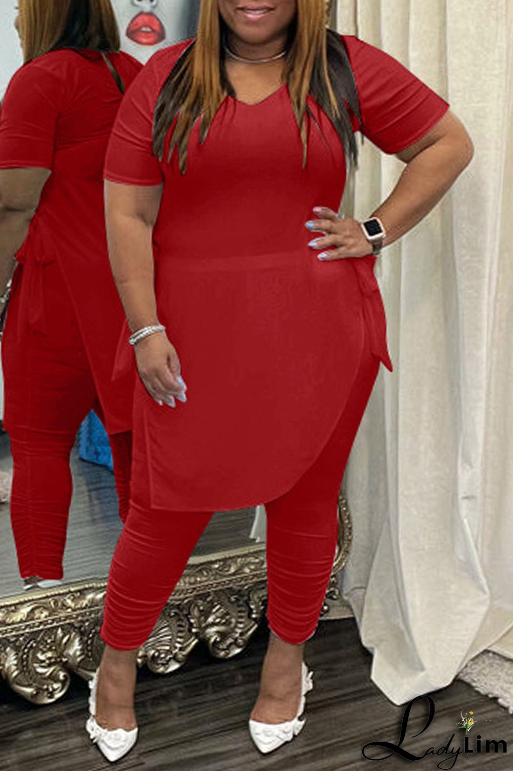 Black Fashion Casual Solid Bandage Slit Asymmetrical O Neck Plus Size Two Pieces