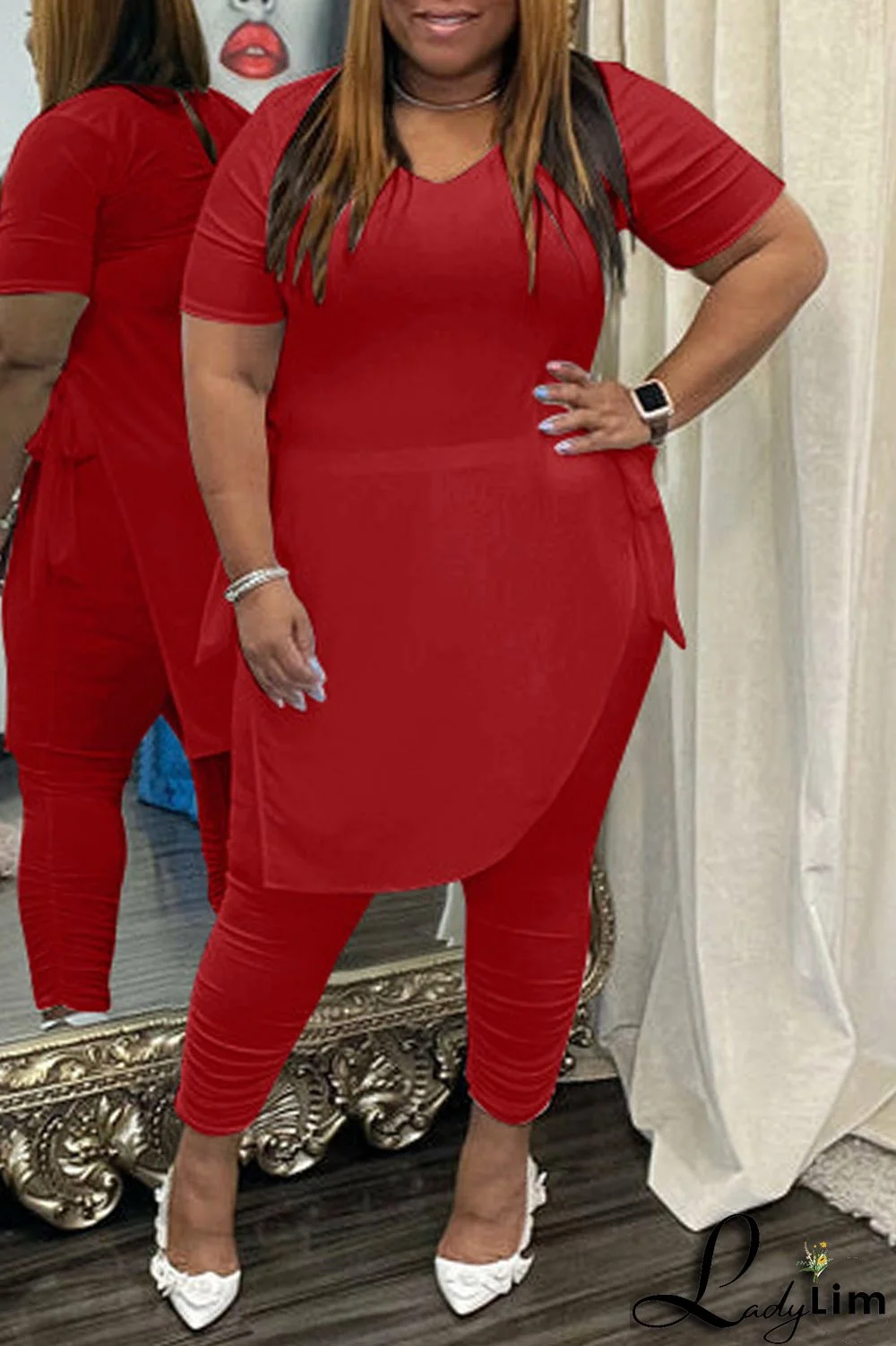 Black Fashion Casual Solid Bandage Slit Asymmetrical O Neck Plus Size Two Pieces