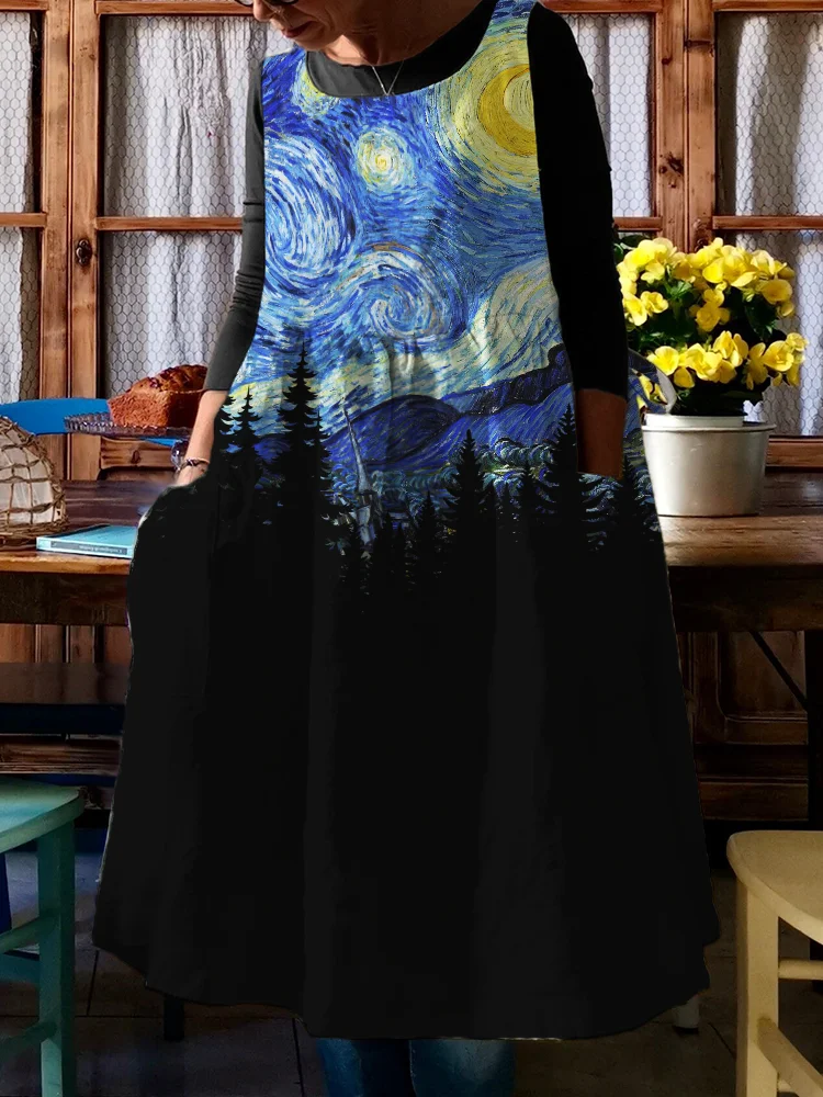 Starry Night Dark Forest Contrast Pinafore Midi Dress