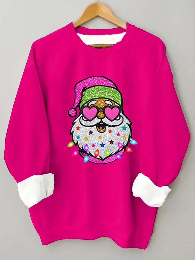 Pink Shiny Santa Crew Neck Casual Sweatshirt
