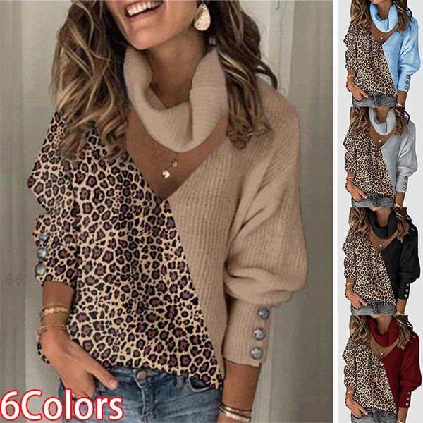 Woman Sweaters Knitted Leopard Patchwork Turtleneck Sweaters Pullover Autumn and Winter Button Long Lantern Sleeve Loose Female Sweaters - Shop Trendy Women's Fashion | TeeYours
