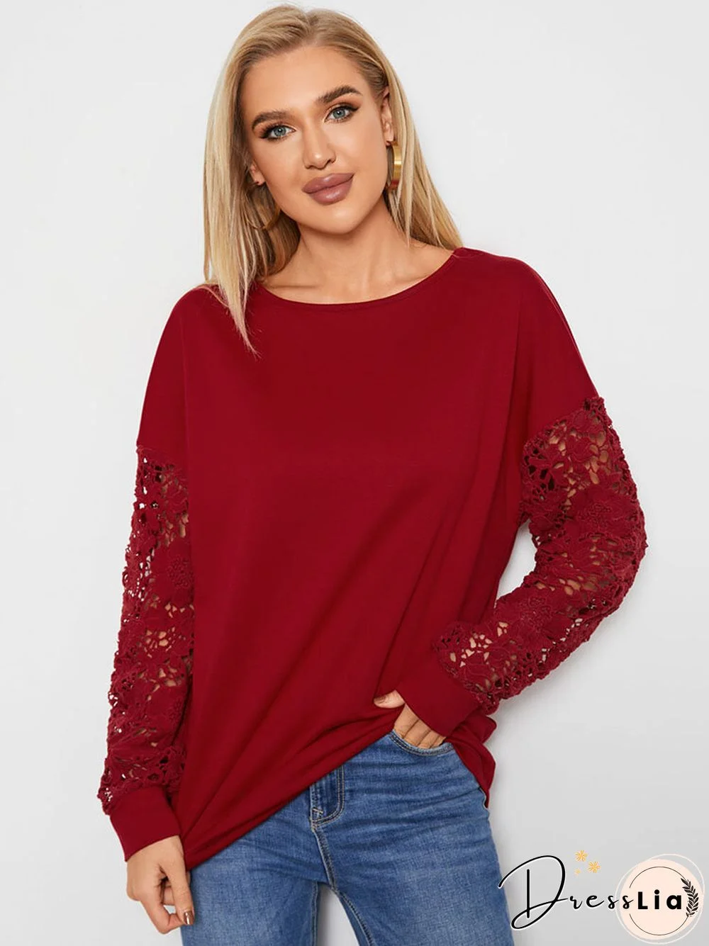 Solid Long Sleeve O-neck Lace Patchwork T-shirt For Women