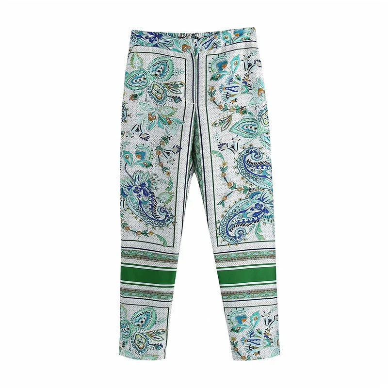 PUWD Vinatge Woman Green Loose Print Pants 2021 Spring Fashion LadiesZipper Pant Female Chic Beach Pant
