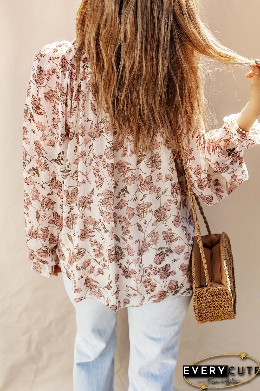 Pink Boho Floral Print Split V Neck Bubble Sleeve Blouse