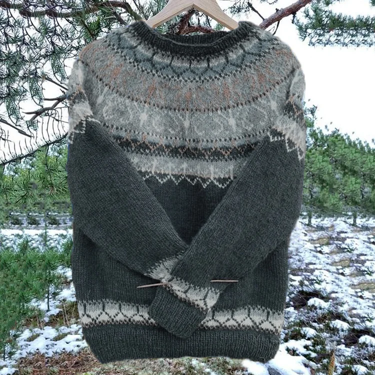Utbros Vintage Icelandic Knit Jacquard Warmth Blue Crew Neck Sweater（Unisex）