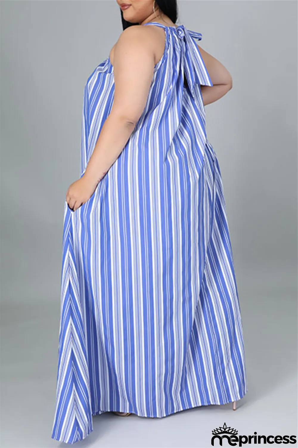 Light Blue Fashion Casual Plus Size Striped Print Backless O Neck Sleeveless Dress