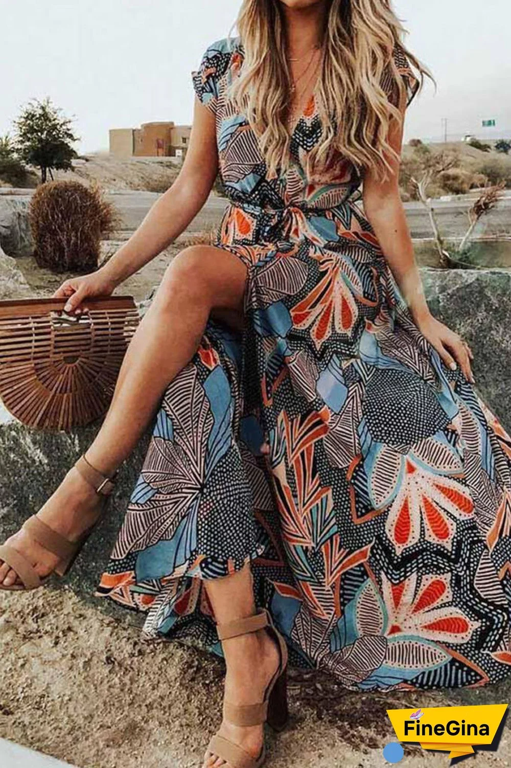 V-neck Short Sleeve Bohemian Maxi Dress