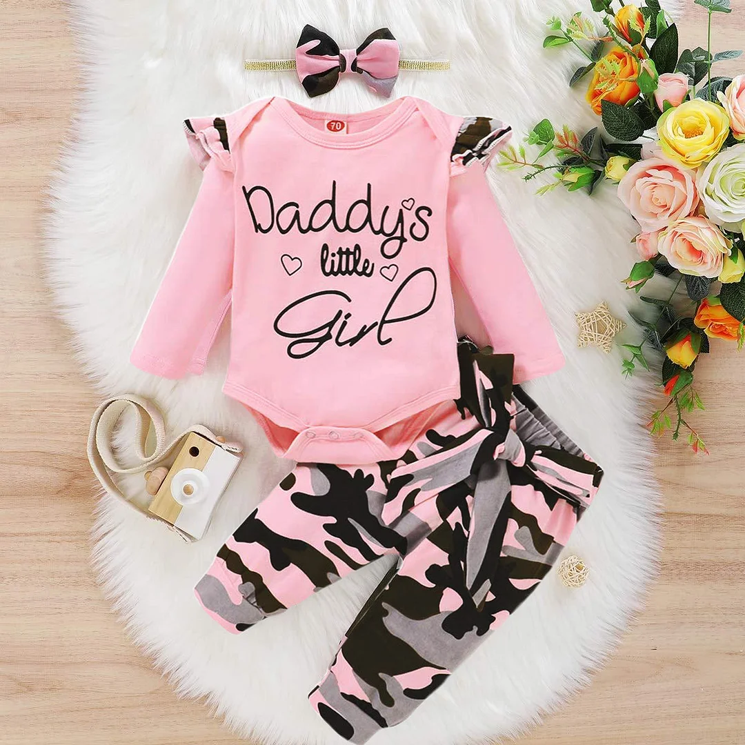 3PCS Daddy's Little Girl Letter Printed Rufffled Romper With Camouflage Printed Bowknot Pants Baby Girl Set