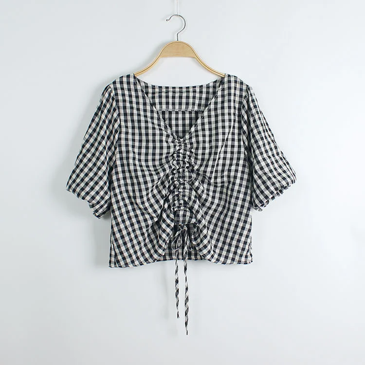 T-Shirts Womens Summer Crop Tops Plaid V-Neck Lantern Sleeve 2Xl Drawstring Slim Chic Casual Girls Women Sweet Lovely Футболка