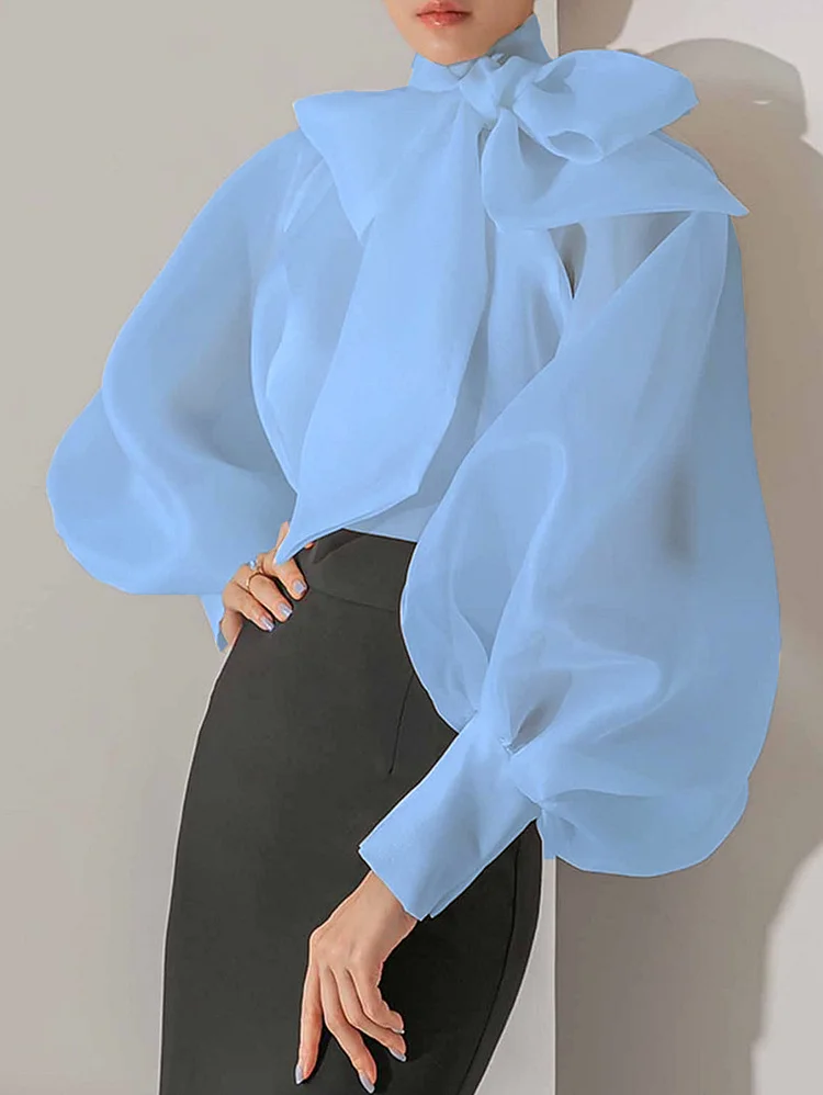 Elegant Solid Color Bow Mock Neck Lantern Sleeve Blouse
