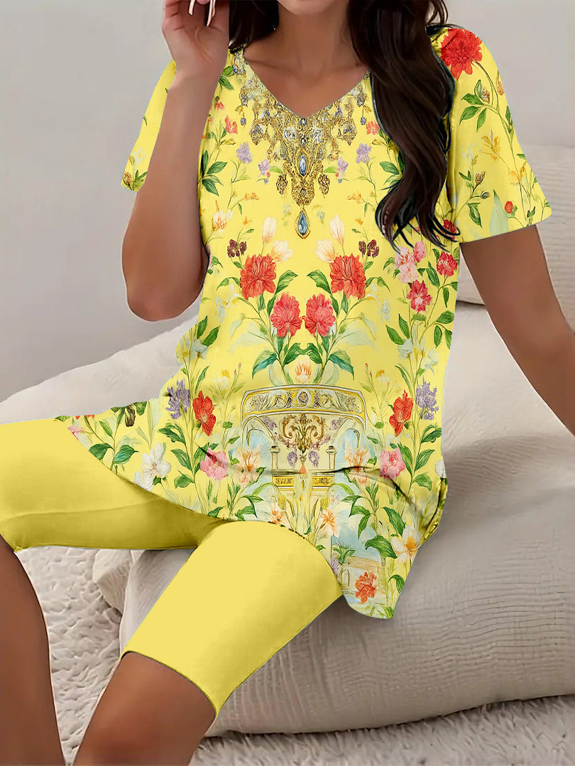 Women Long Sleeve V-neck Graphic Floral Printed Top