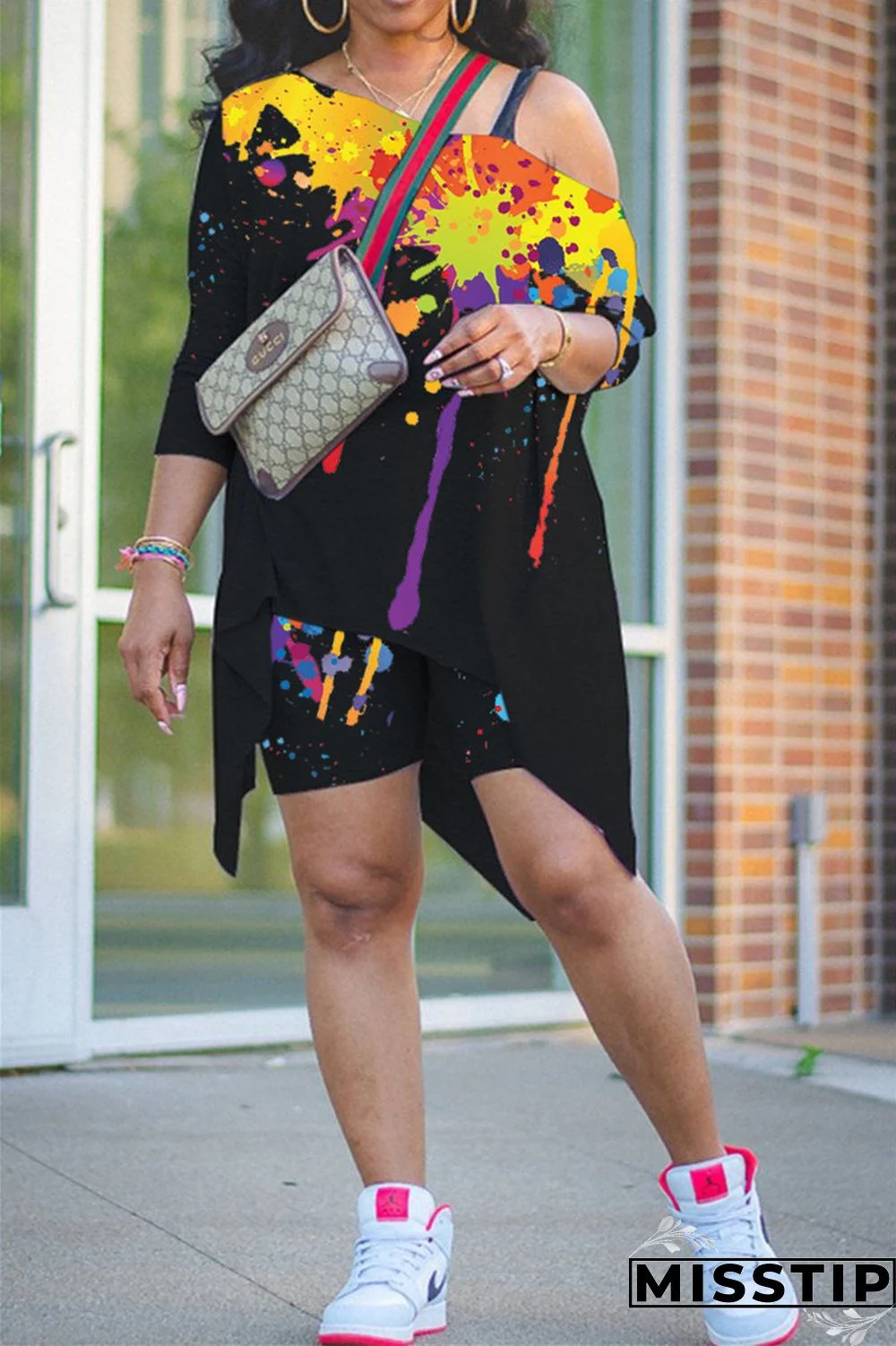 Burgundy Fashion Casual Print Basic Asymmetrical Oblique Collar Long Sleeve Two Pieces