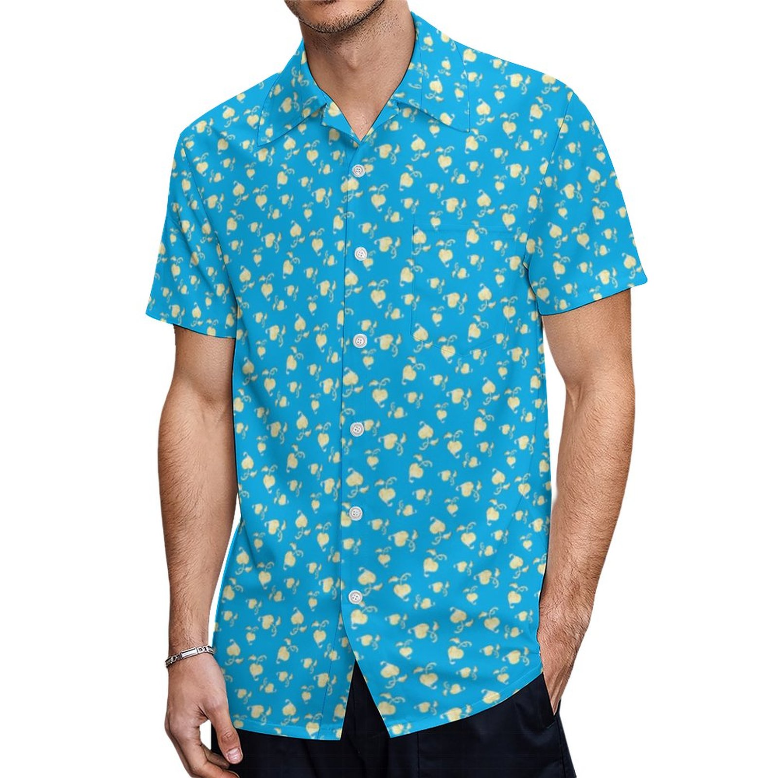 Champagne Heart Shaped Leaf Pattern Over Blue Hawaiian Shirt Mens Button Down Tropical Hawaii Beach Shirts
