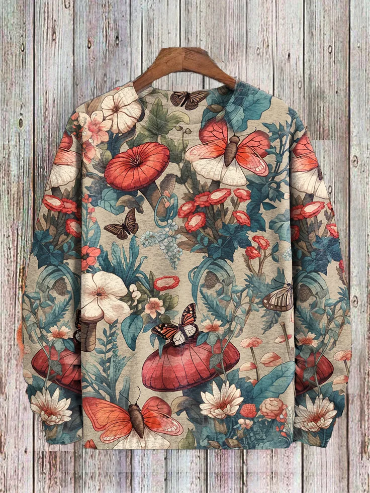 Men's Magical Forest Mushrooms Butterfly Flowers Print Casual Sweatshirt
