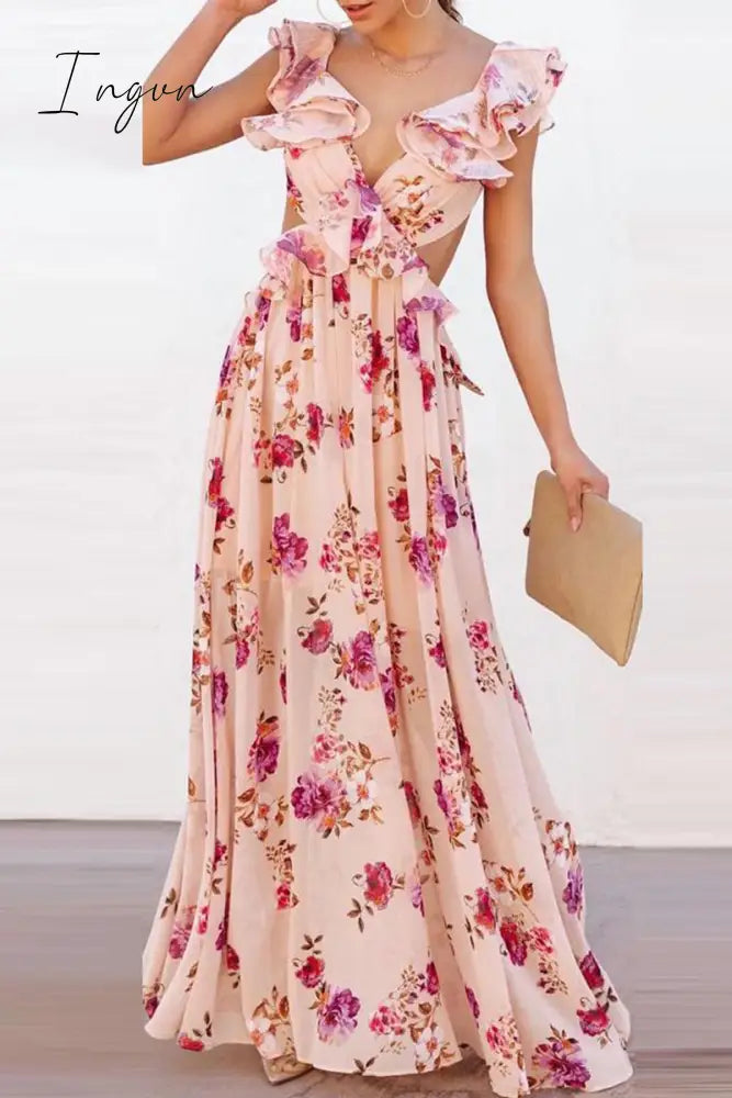 Ingvn - Sexy Floral Backless Flounce V Neck Printed Dress Dresses Pink / S Dresses/Floral