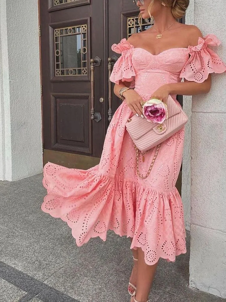 Solid Color Slim Short Sleeve Lace Midi Dress