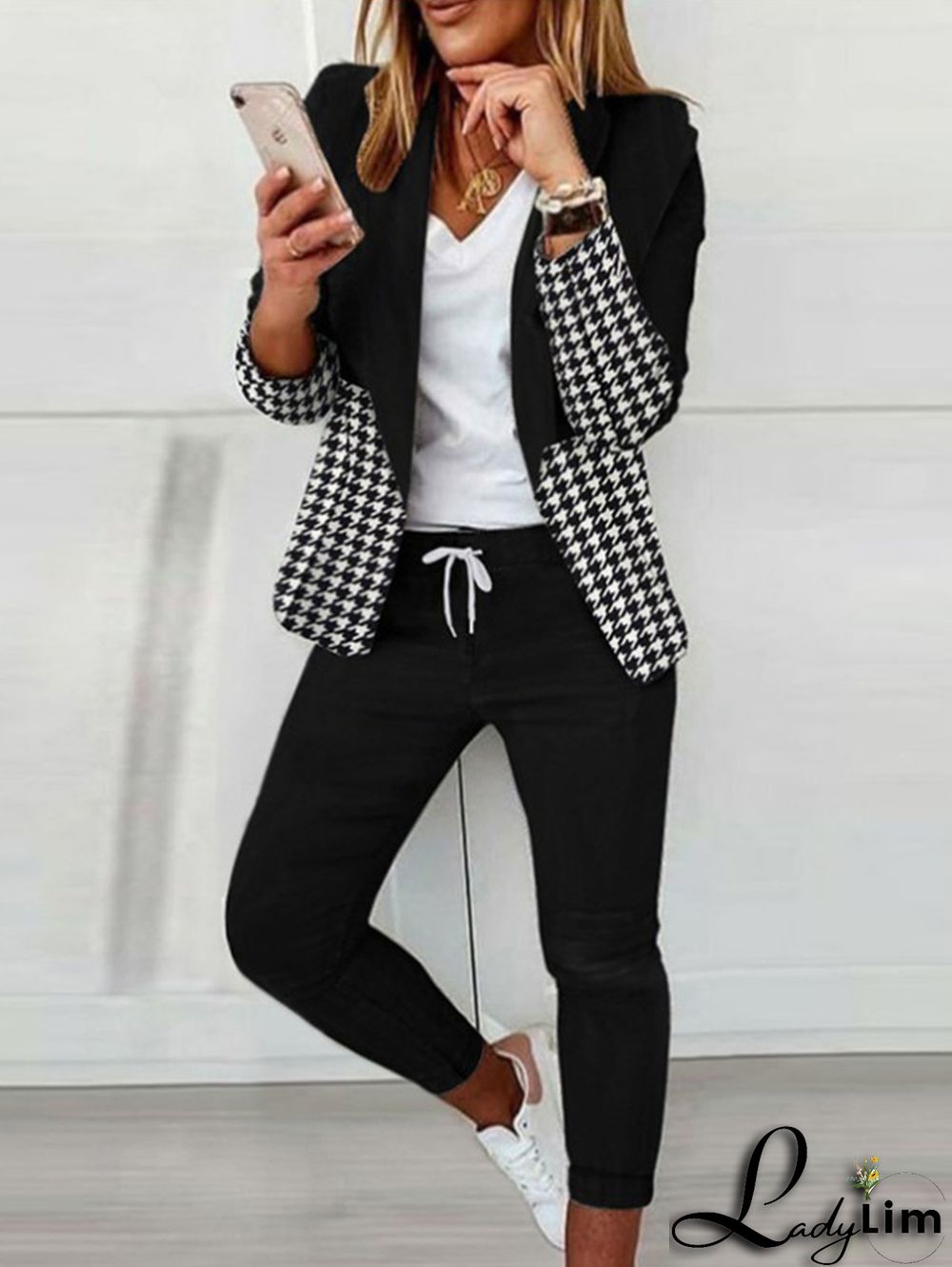 Casual Colorblock Allover Pattern Blazer & Pants 2 Pcs Set