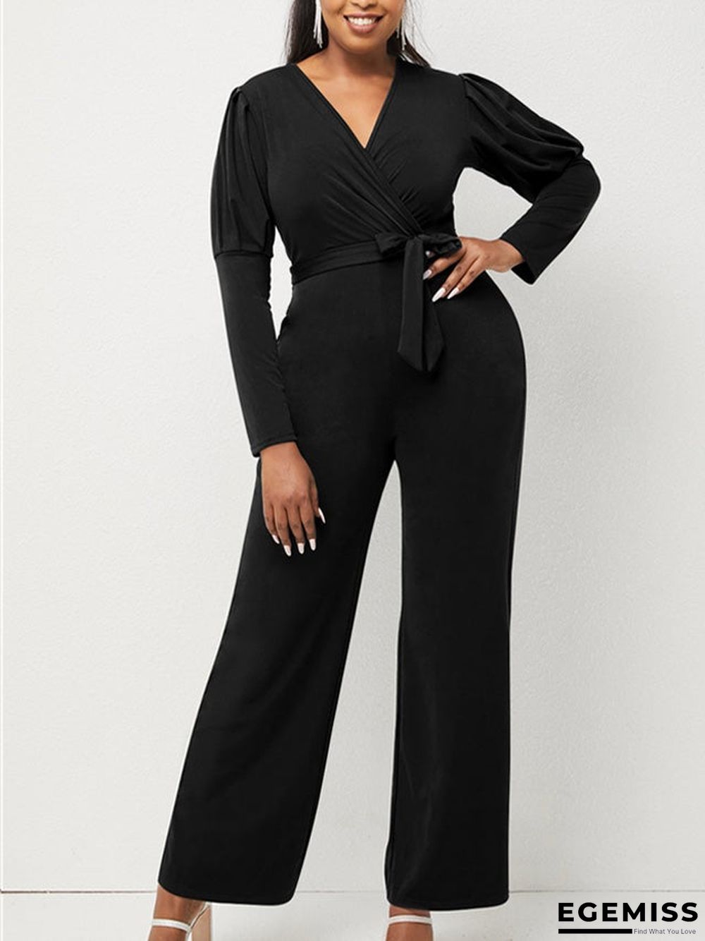 Autumn and Winter Solid Color V-neck Bubble Sleeve Personalized Casual Wide Leg Jumpsuit | EGEMISS