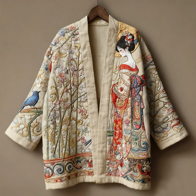 Oriental mural three-dimensional embroidered linen kimono cardigan