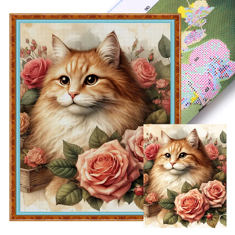 Cat And Rose (40*52cm) 11CT Stamped Cross Stitch gbfke