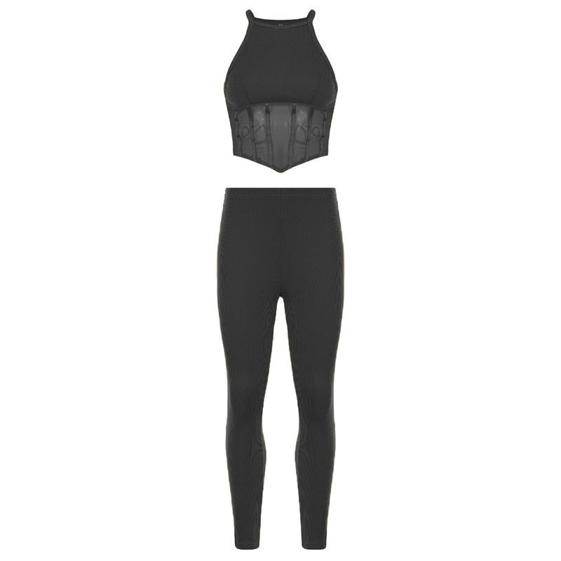 BIIKPIIK Streetwear Two Piece Set Women Sleeveless O Neck Patchwork Vest Tops+Leggings Matching Sets One-color Stretchy Outfits
