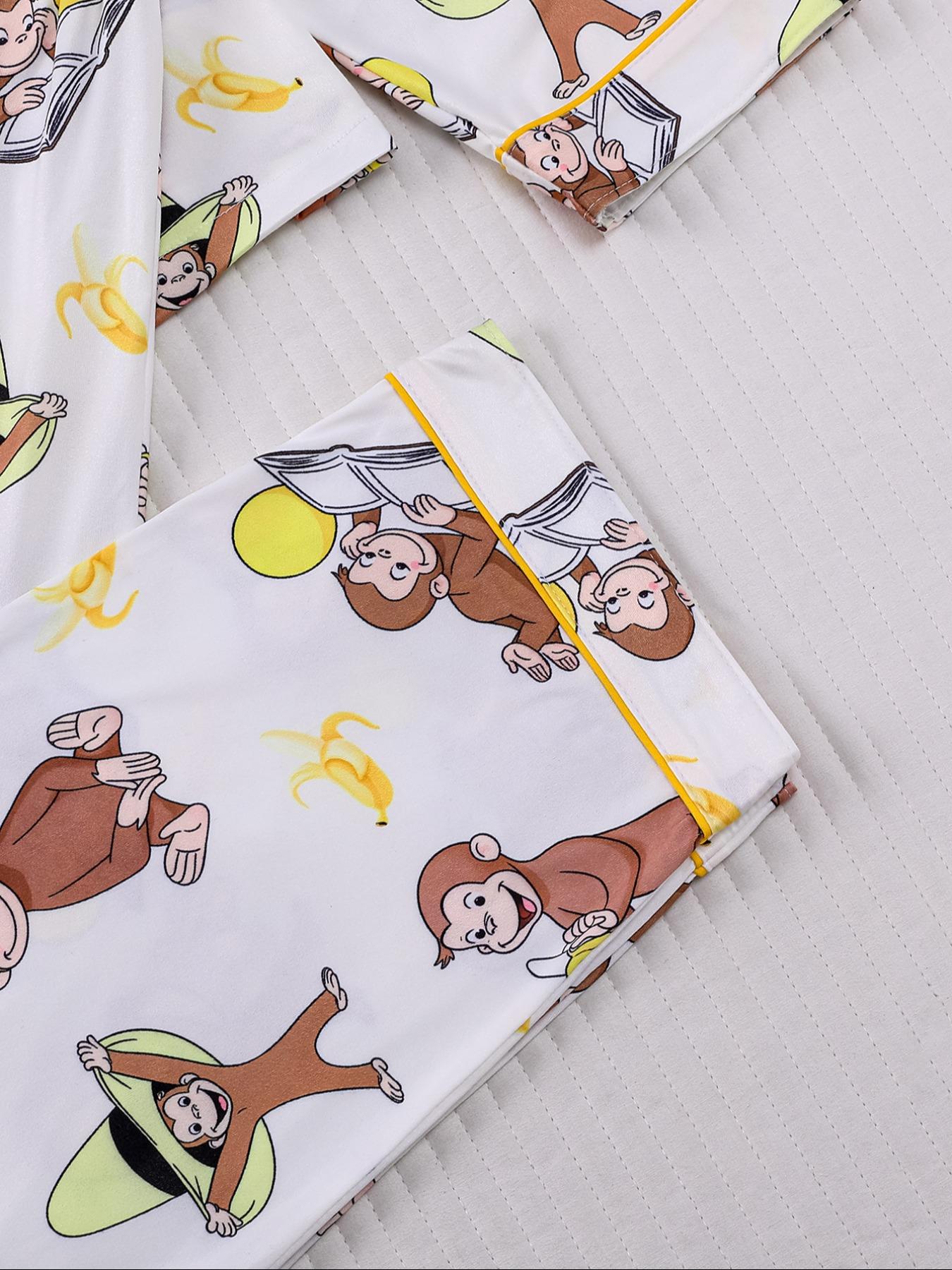 Women's Monkey Banana Print Pajama Set Pyjamas Pjs, Comfortable Fit Long Sleeve Button Shirt & Elastic Pants, Casual Everyday Home Wear Loungewear for All Seasons