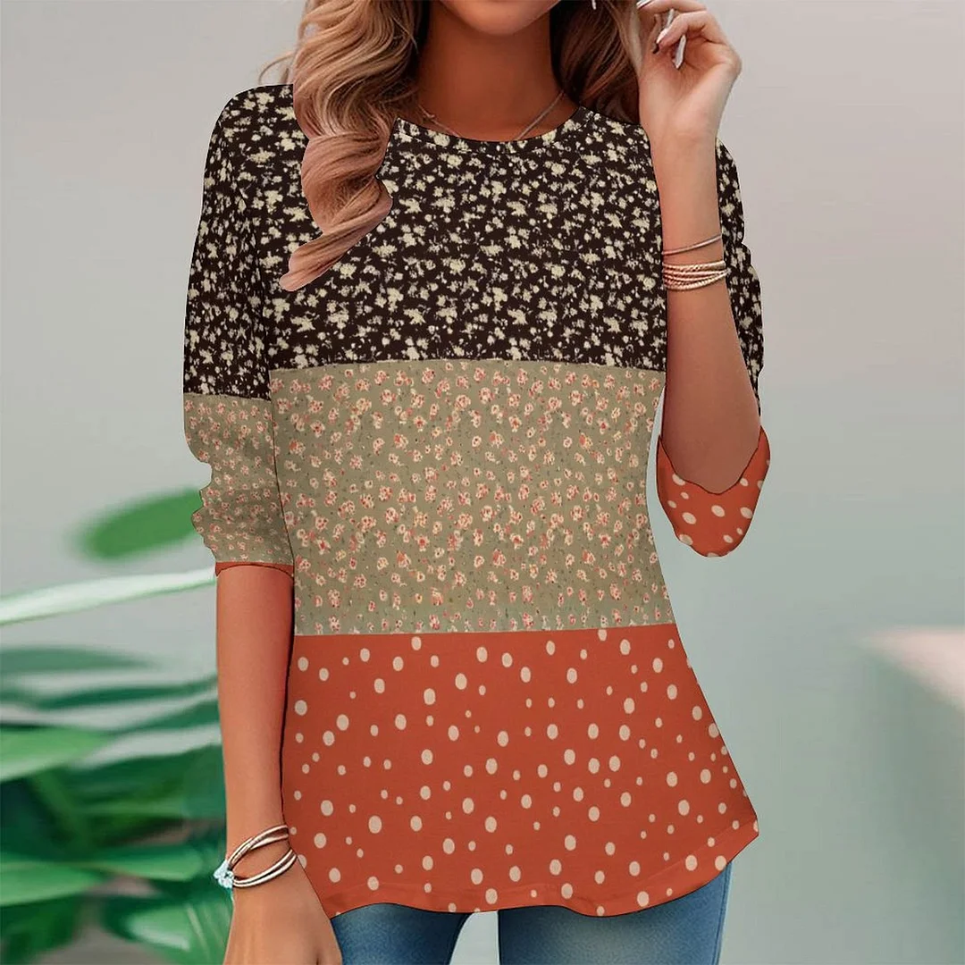 Vintage Printed Long Sleeve Plus Size Tunic for  Women and Men Unisex Pattern Floral,Polka Dot,Red,Light Coffe,Navy,Stitch