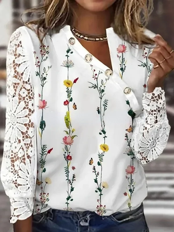 Women's Casual Long Sleeved Floral Print Casual Lace Top