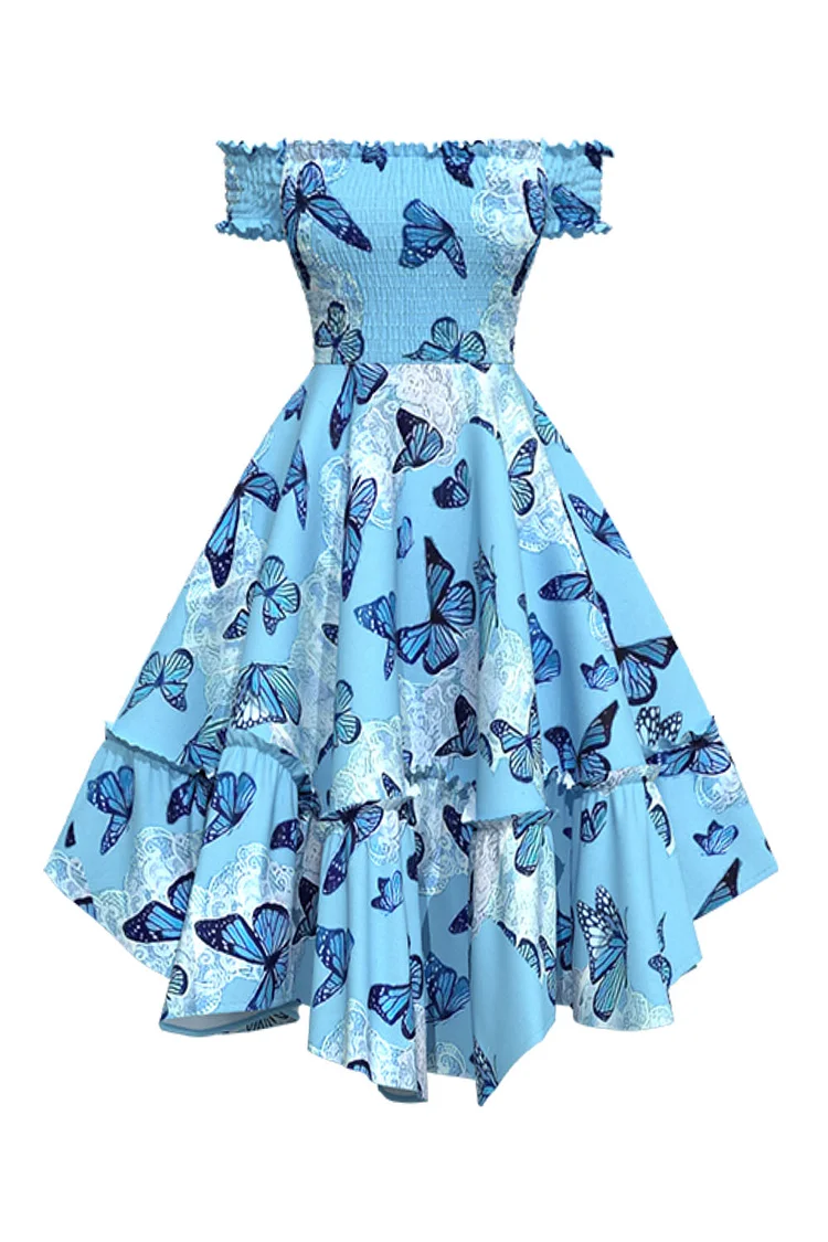 1950s Blue Casual Ruffle Asymmetric Hem Off The Shoulder Butterfly Print Smocking Midi Dress