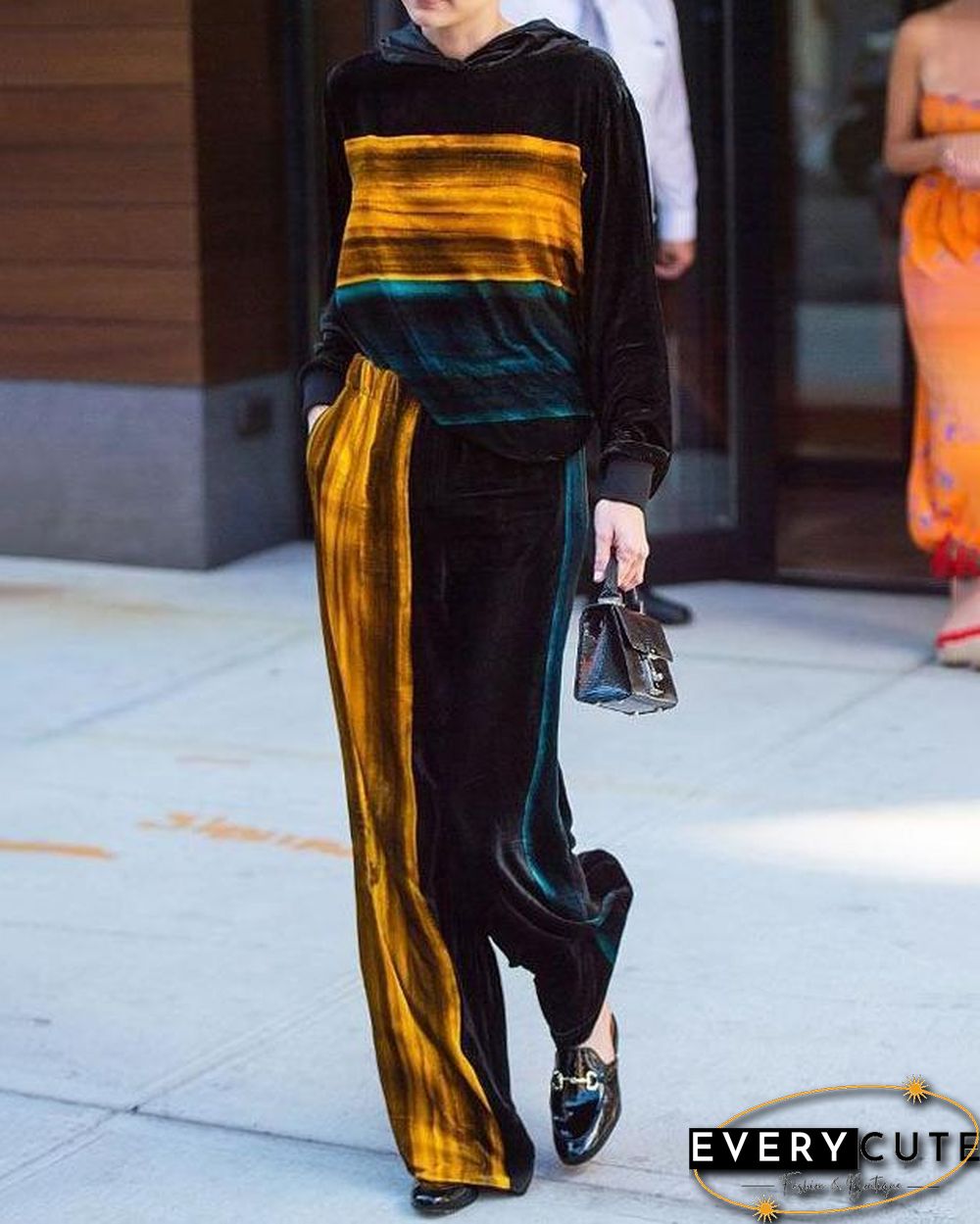 Fashion Color Block Velvet Women Sets