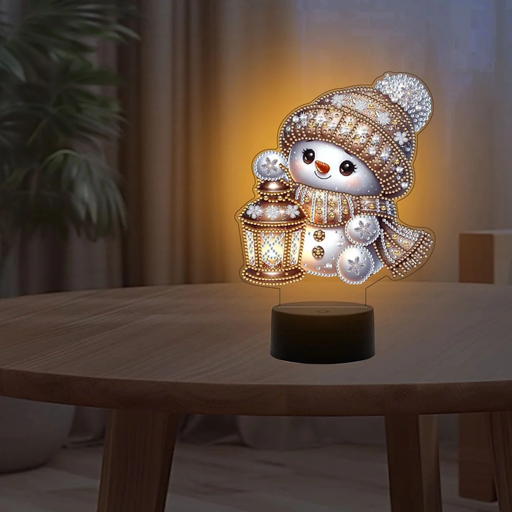 Acrylic Double Sided Xmas Snowman 5D Diamond Painting Night Light for Tabletop