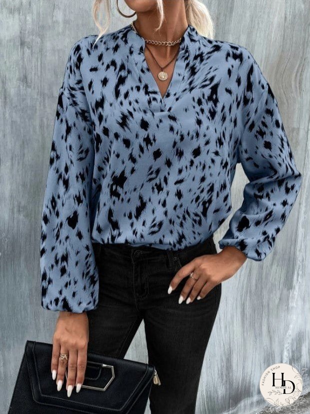 Women's V-Neck Printed Long Sleeve Blouse