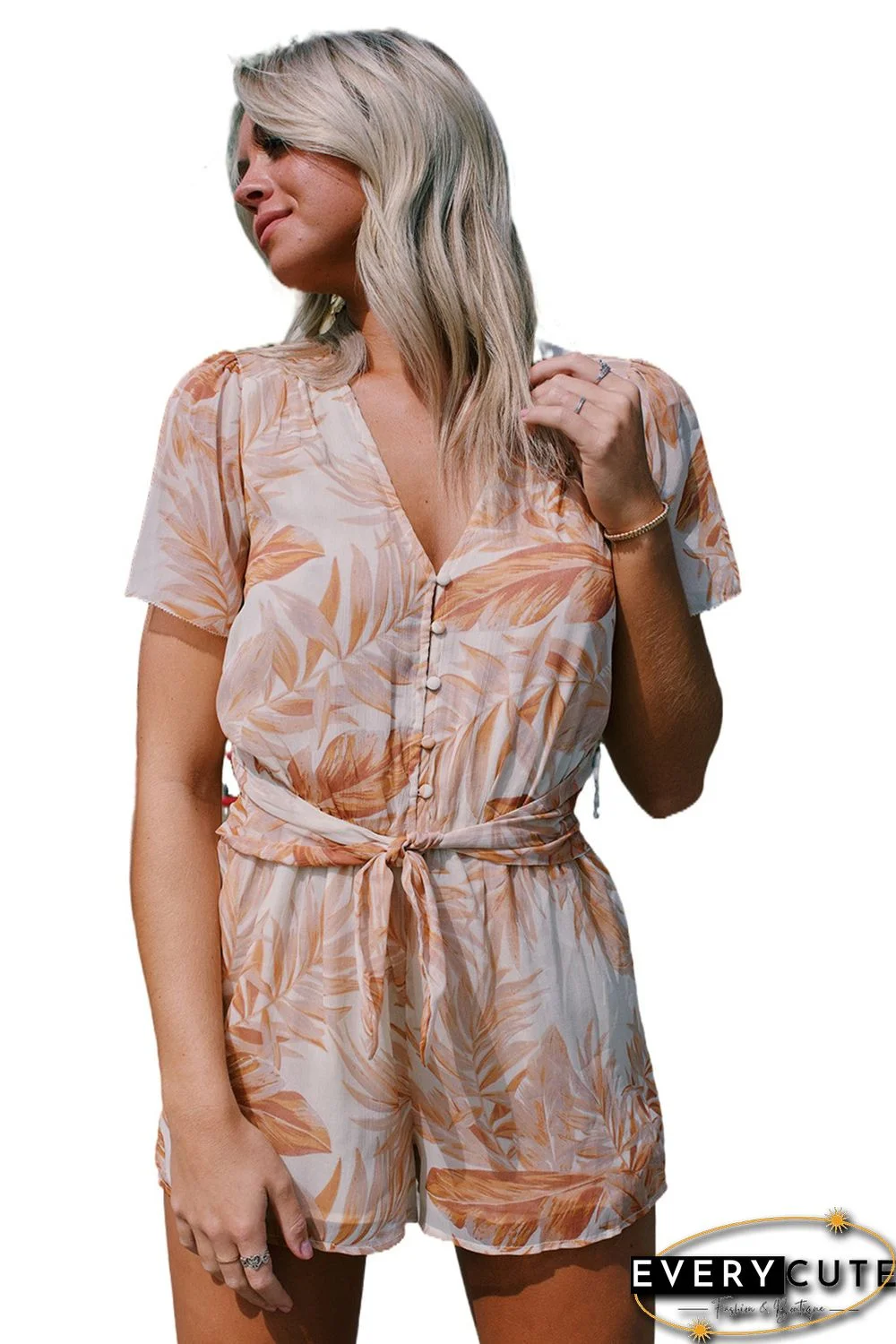 Khaki Tropical Leaf Print Button Belted Chiffon Romper