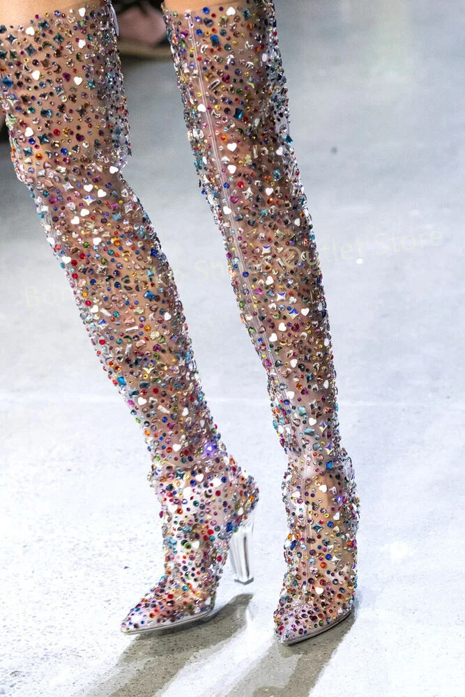 Colorful Rhinestone Studded Clear PVC Over The Knee Boots