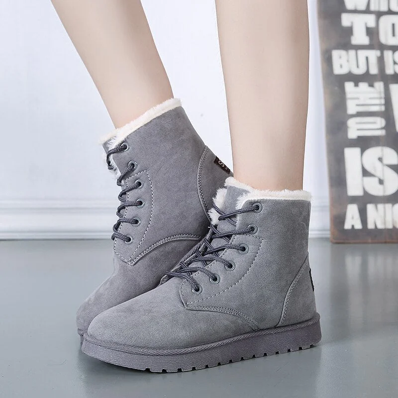 New Add Thick Cotton Women Snow Boots Flat Lace Up Winter Platform Ladies Warm Shoes Flock Fur Women's Suede Ankle Boots Female