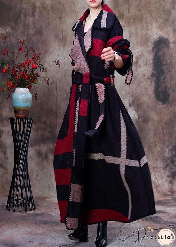 Simple Red PeterPan Collar Plaid tie waist Winter Woolen Long sleeve trench coats