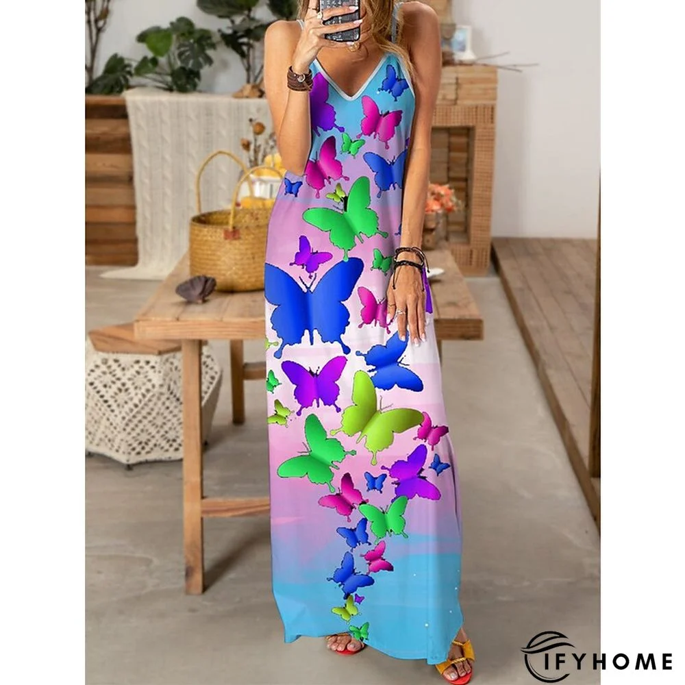 Women's Long Dress Maxi Dress Casual Dress Slip Dress Print Dress Animal Butterfly Casual Outdoor Daily Beach Backless Print Sleeveless V Neck Dress Regular Fit Pink Royal Blue Blue Spring Summer S M | IFYHOME