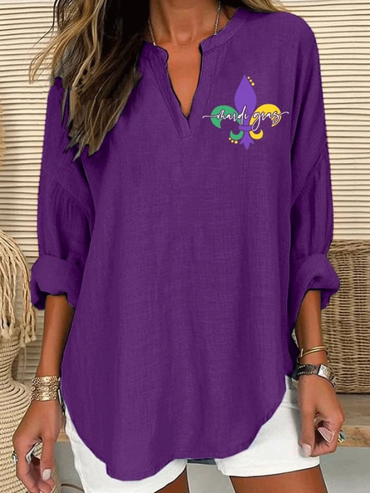 Women's Mardi Gras Print Casual Long Sleeve V-Neck Shirt