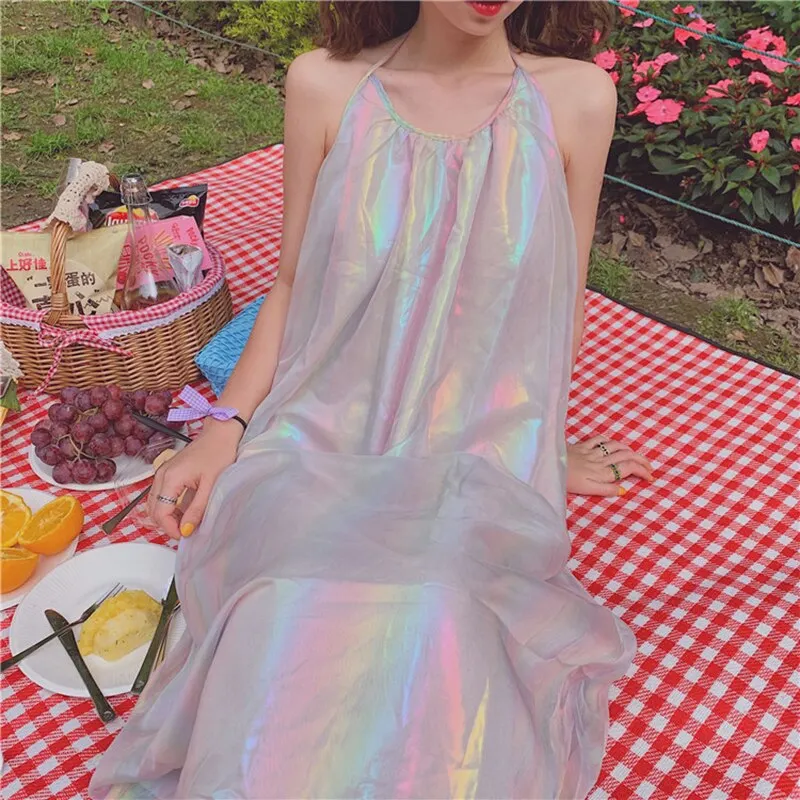 Shiny Dress Colorful Loose Sleeveless Spaghetti Strap New Beach Holiday Wear Female Ladies Fairy Vestidos Sweet Women Dresses