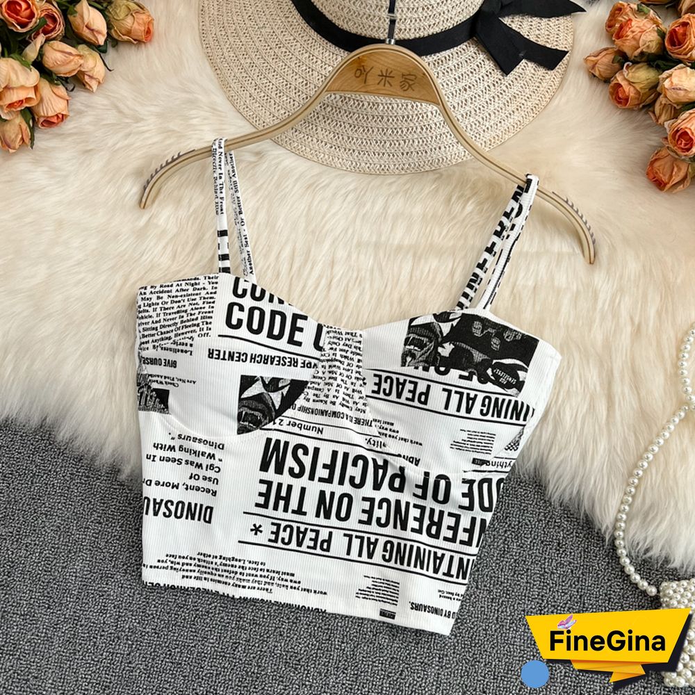 Women Push Up Camisole With Bra Sexy Top Women Suspender Tank Fashion Printed Newspaper Camis Female Soft Sleeveless Top