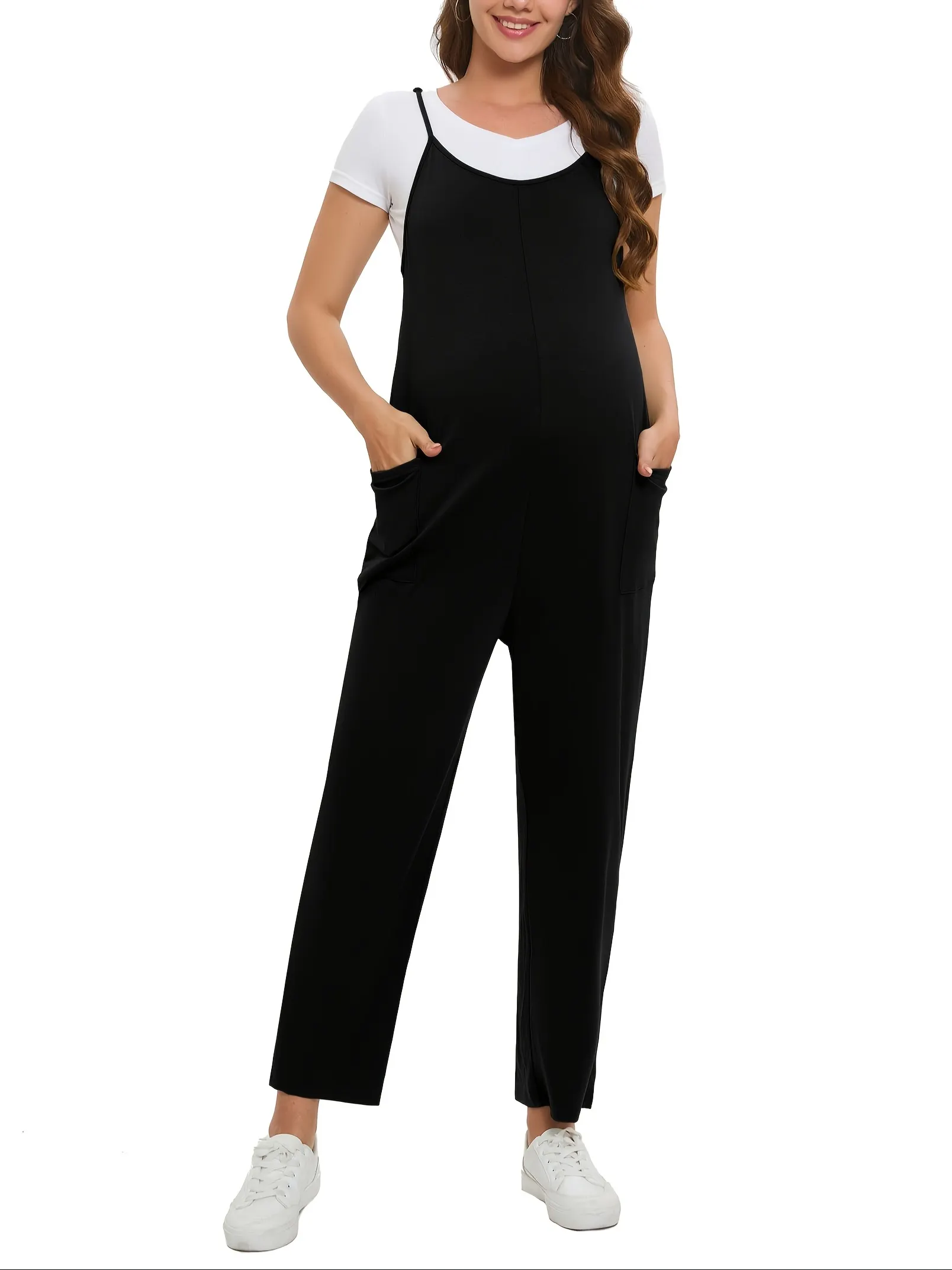 Womens Maternity Sleeveless Romper With Dual Pockets Olive Green Wide Leg Jumpsuit