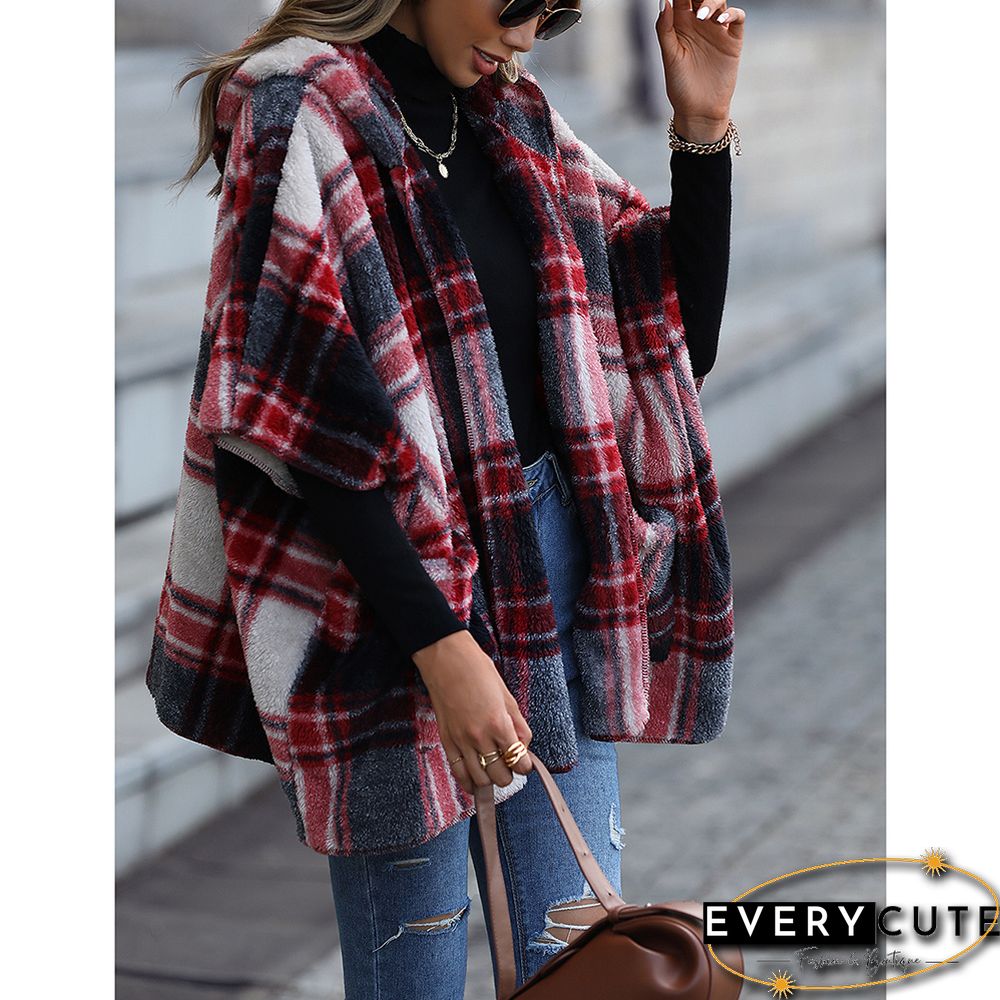 Red Plaid Print Plush Hooded 1/2 Sleeve Pocket Coat