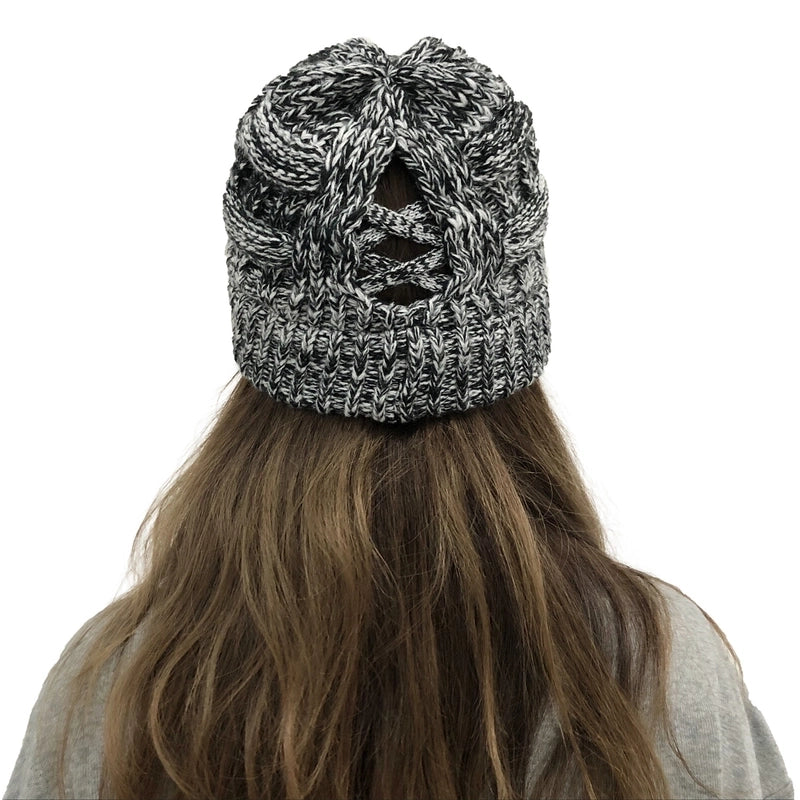 Wish New Bamboo Cross Ponytail Knitted Hat Back Opening Women’s Wool Warm Hat