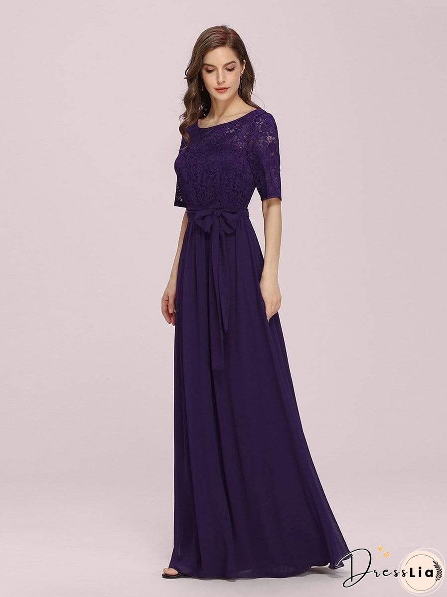 Sophisticated Lace Bodice Chiffon Maxi Evening Gown with Belt for Elegant Occasions
