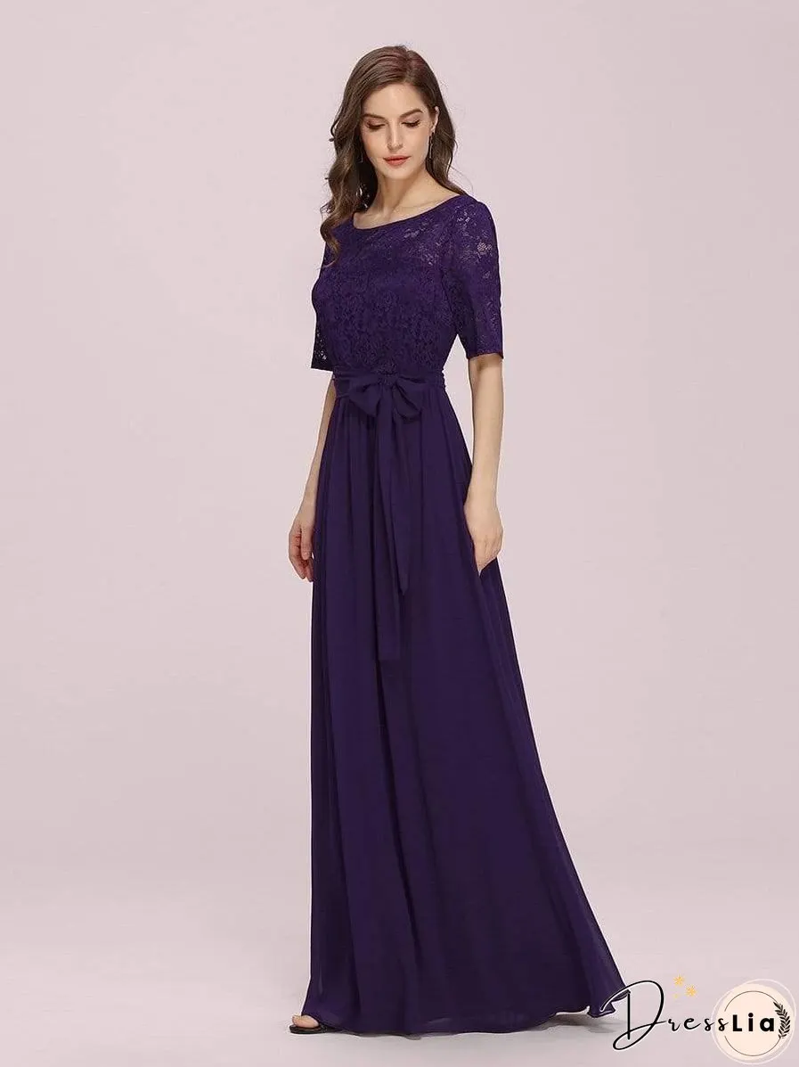 Sophisticated Lace Bodice Chiffon Maxi Evening Gown with Belt for Elegant Occasions